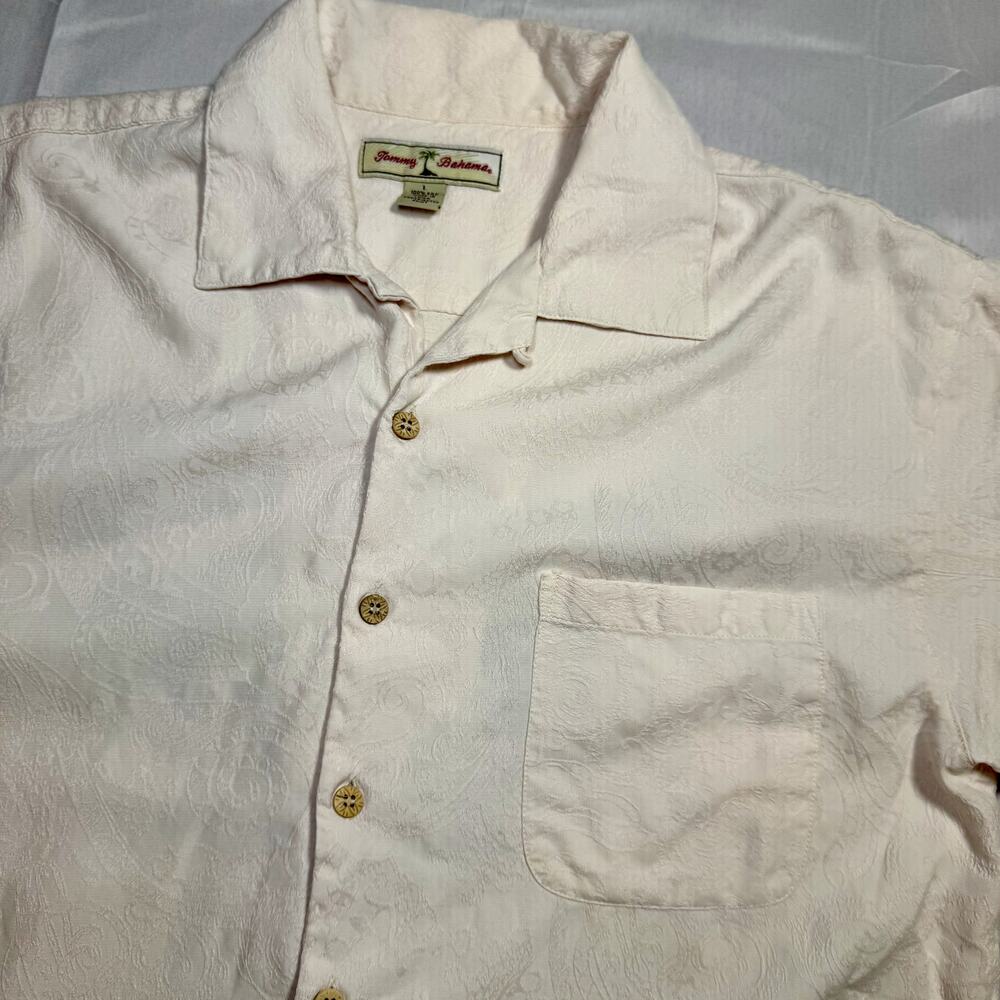 Tommy Bahama Camp Shirt Ivory Silk Men's Large 90s Western Y2K Coastal Resort - Picture 11 of 13